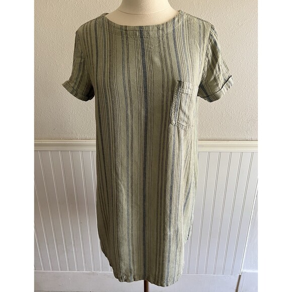 Cloth & Stone Dresses & Skirts - Cloth & Stone Short Sleeve Shirt Dress Button Back Linen Blend Green Stripe M